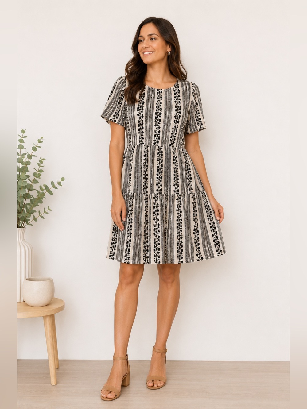 POL Boho Tiered Floral Stripe Mini Dress M
